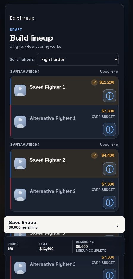 The mobile lineup editor with selected fighters and a salary budget